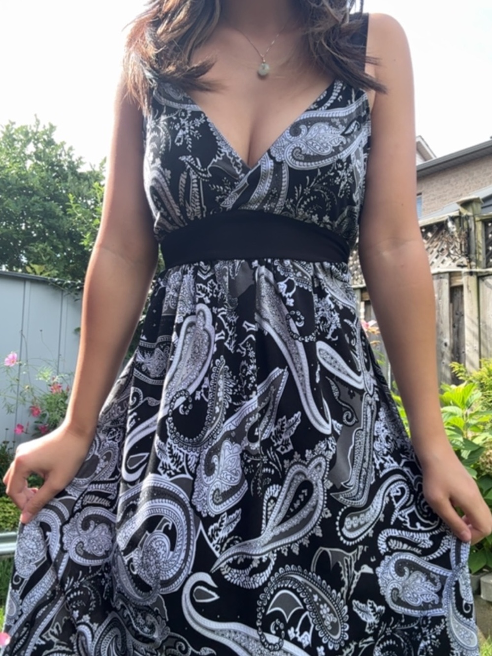 black & white paisley v-neck dress
